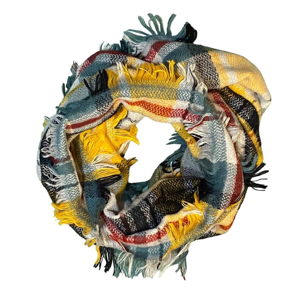 Funky Monkey 12" x 29" Infinity Scarf Yellow Gray Plaid Fringe